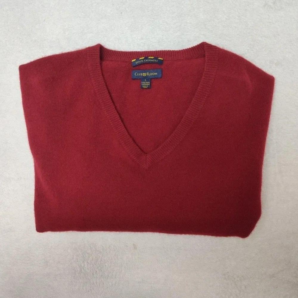 Club Room Sweater Mens‎ Large Red V-Neck 100% Cashmere Pullover Lightweight Knit